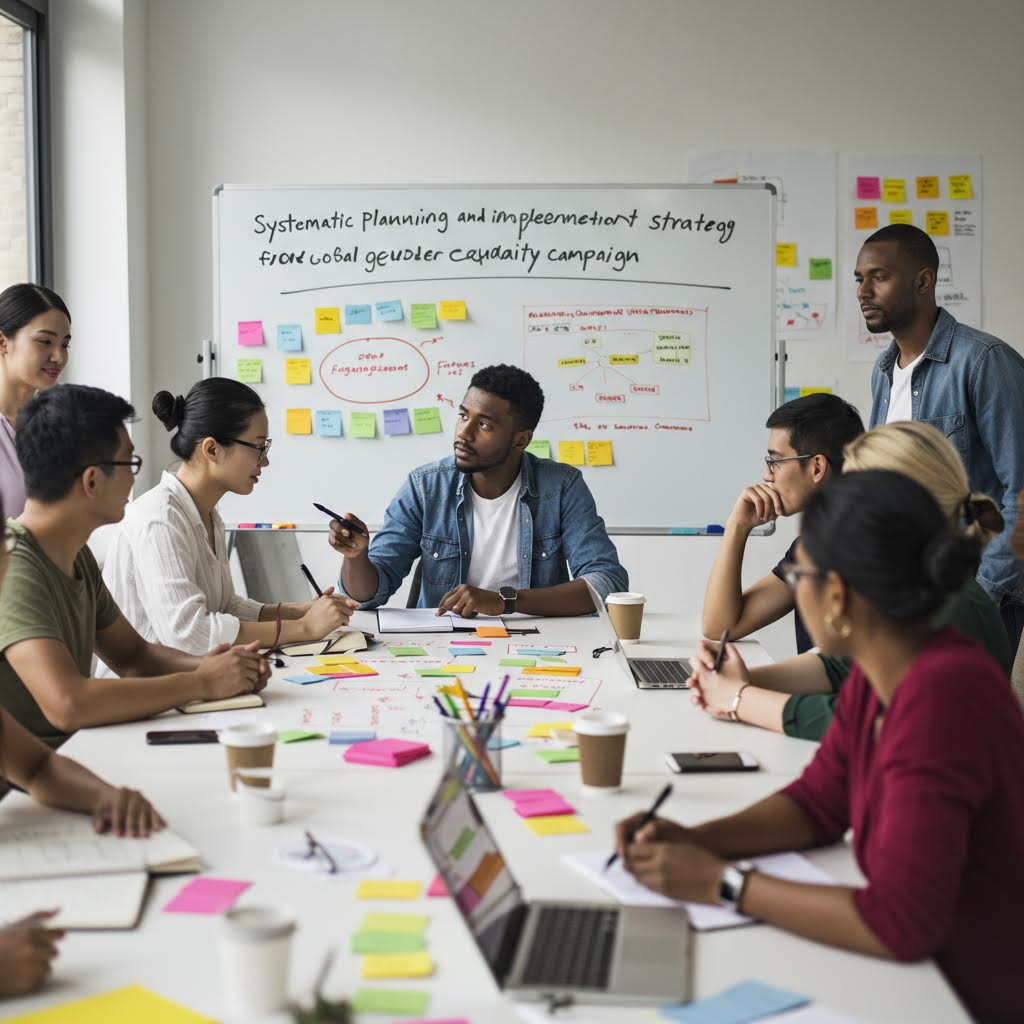 국제 캠페인 실행 계획서 안에 슬롯솔루션 구축 사례와 성평등 프로젝트 전략이 결합된 시각 자료