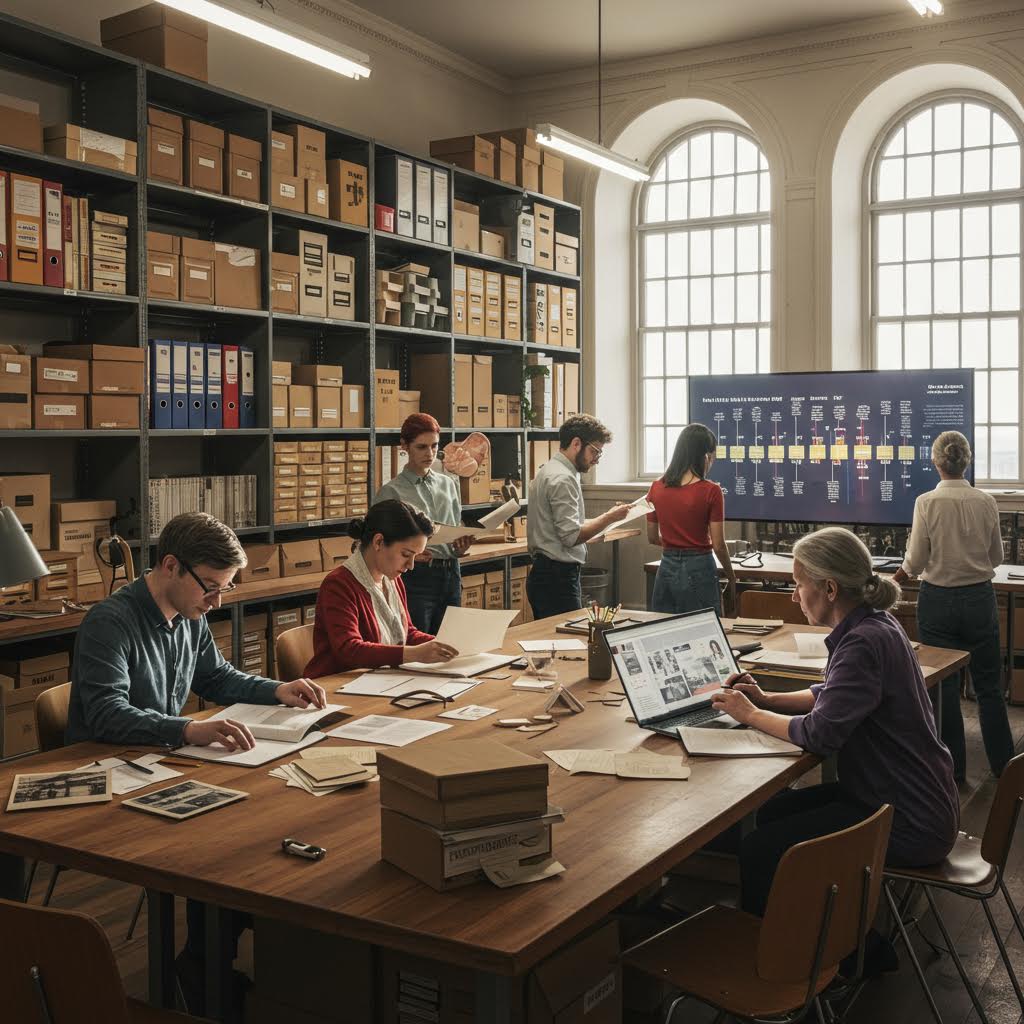 캠페인 자료의 체계적 보존과 접근성 향상을 표현한 흐름 속 알파벳플랫폼 적용 사례