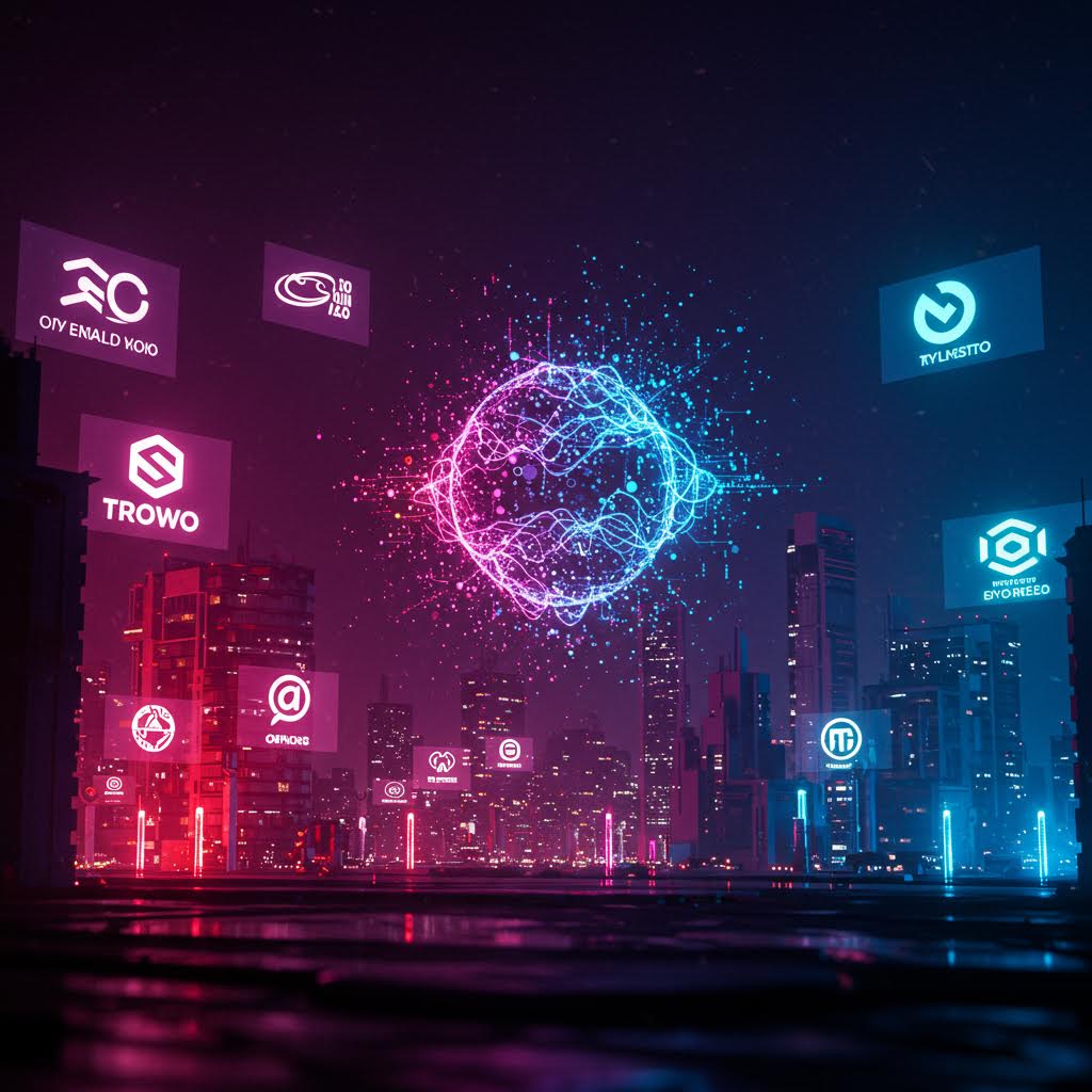 도시 전경 속에서 디지털 로고와 브랜드 플랫폼이 연결되어 품질 관리와 혁신을 강조하는 장면