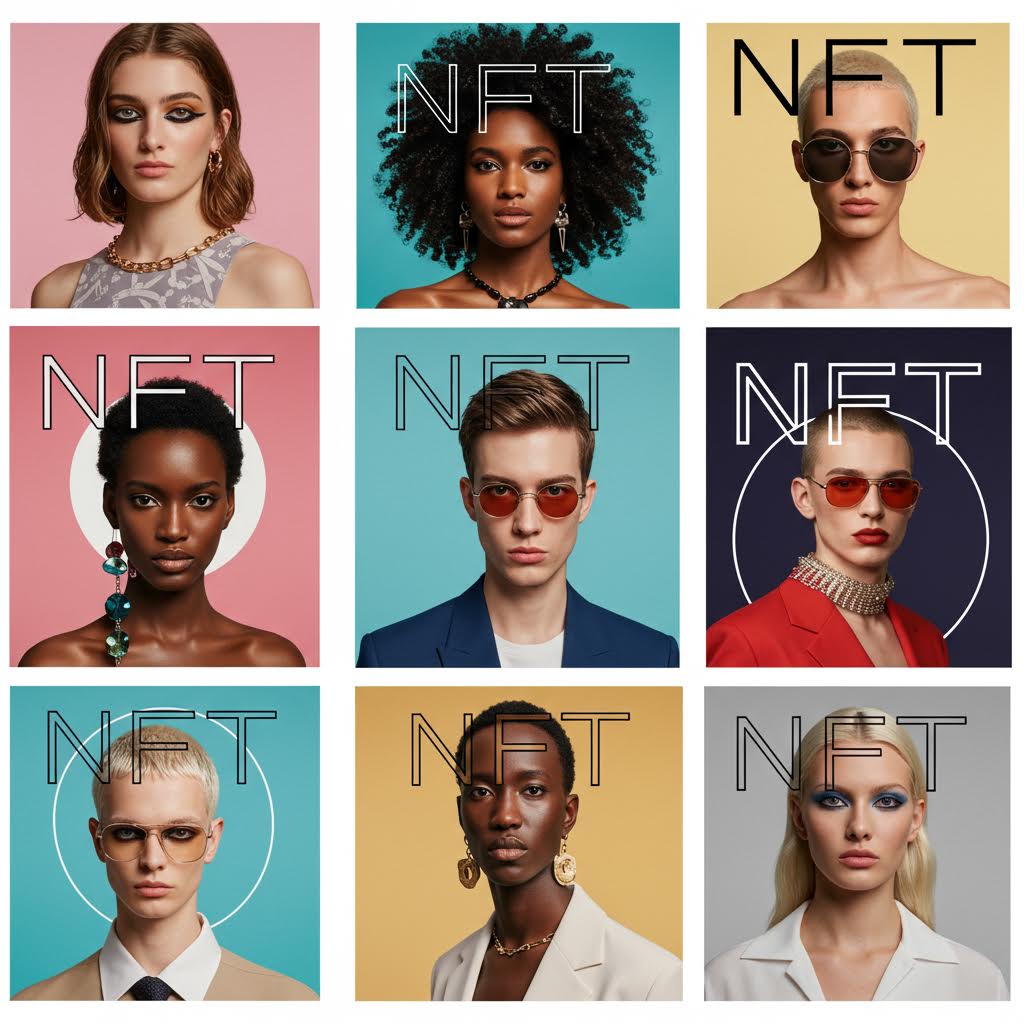 서로 다른 배경색과 스타일을 가진 인물들이 NFT 글자를 배경으로 서 있어 루믹스 기반 디지털 메시지를 표현한 장면