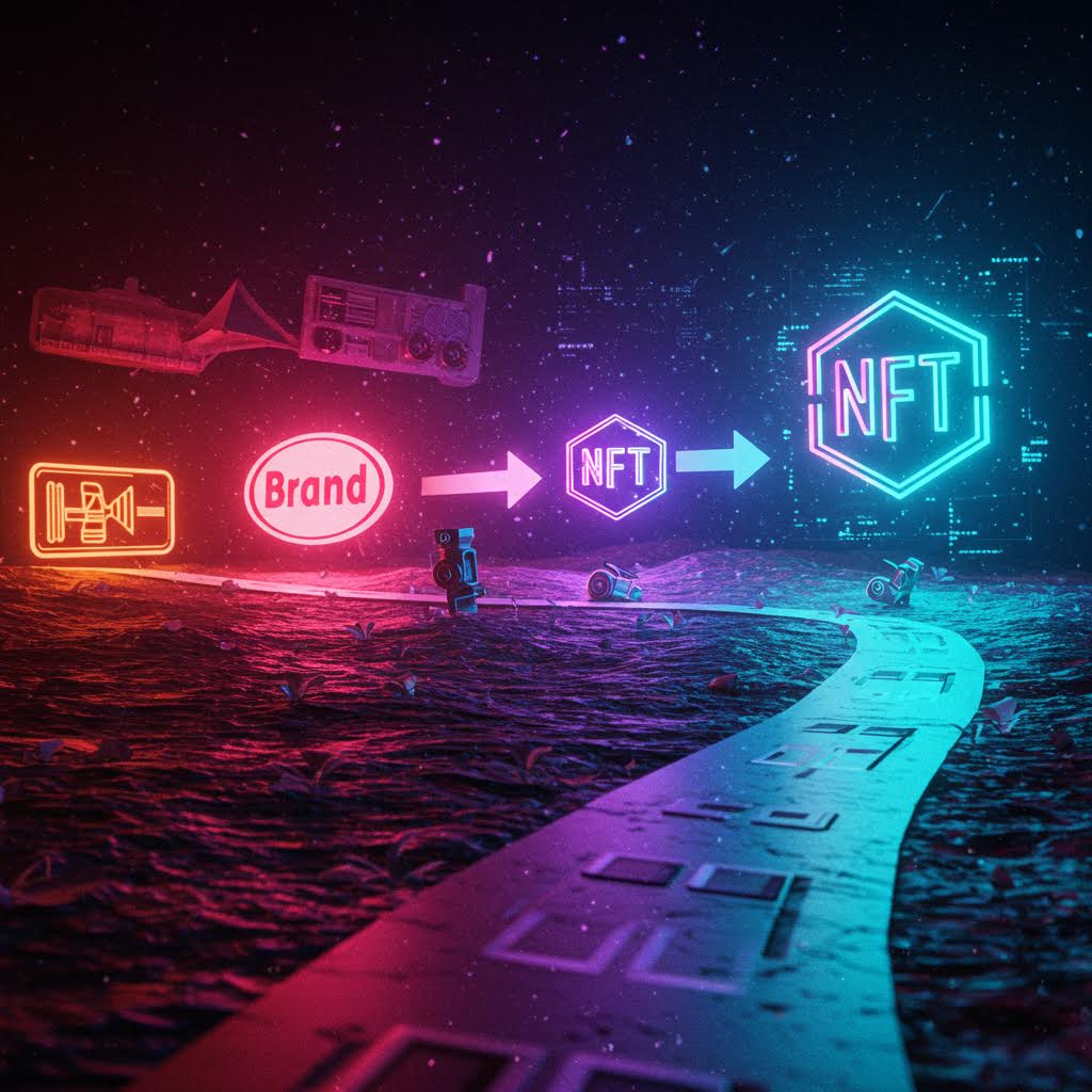 네온빛 로고가 길처럼 펼쳐진 디지털 도로 위에 떠오르며 변화를 상징하는 미래적 순간