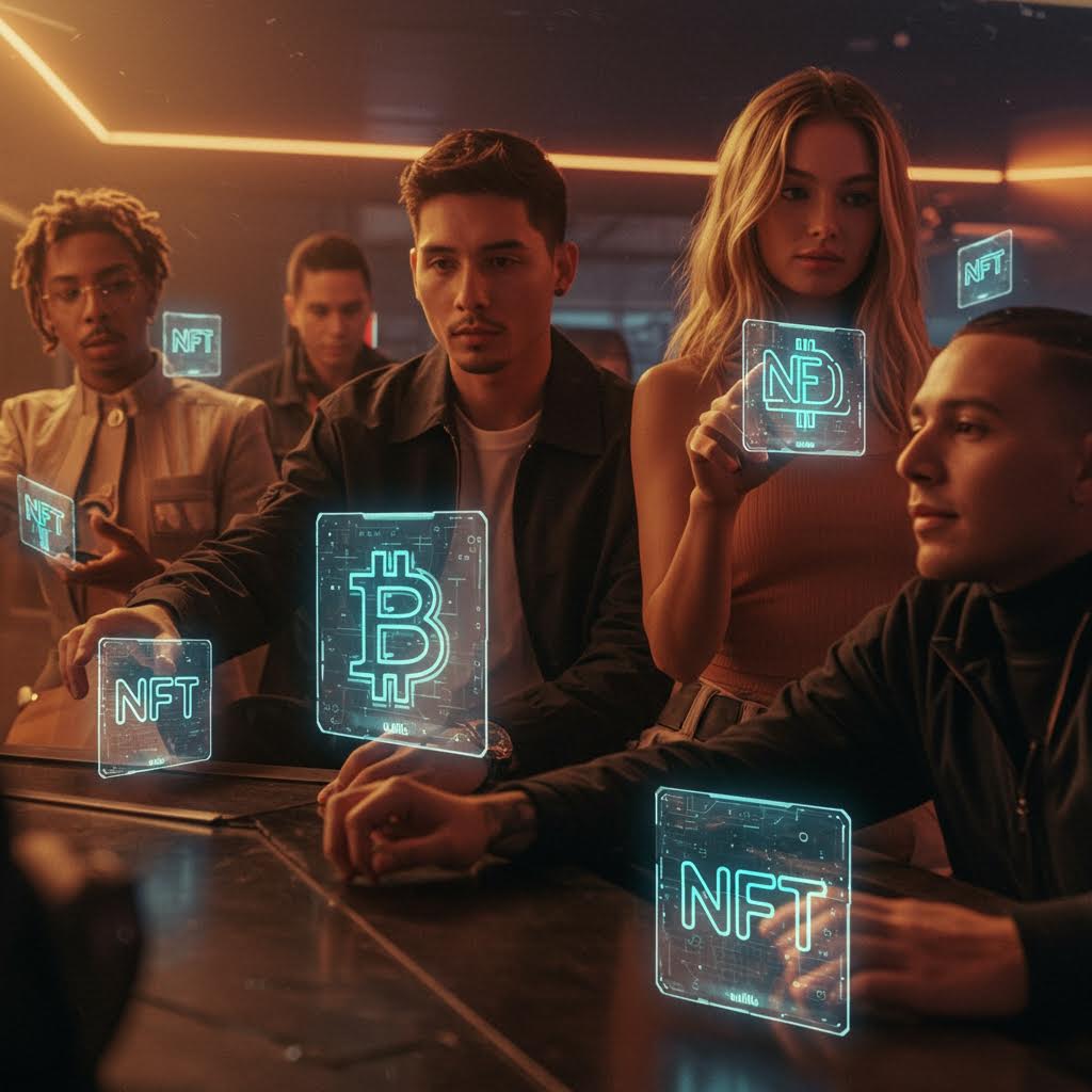 어두운 공간에서 홀로그램 NFT 로고를 바라보는 사람들의 모습에 솔루션의 확장을 닮아 루믹스가 스며드는 순간