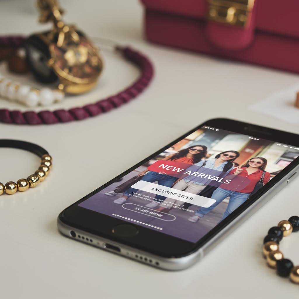 스마트폰에 띄워진 쇼핑 프로모션 화면과 장식품이 어우러져 디지털 마케팅과 브랜드 메시지를 표현한 장면