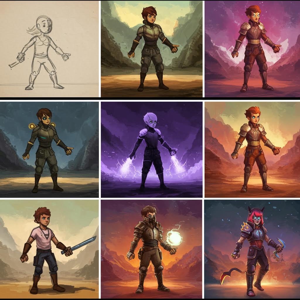 스케치에서 완성된 일러스트로 이어지는 캐릭터 변주가 모험 세계의 서사를 암시하는 장면