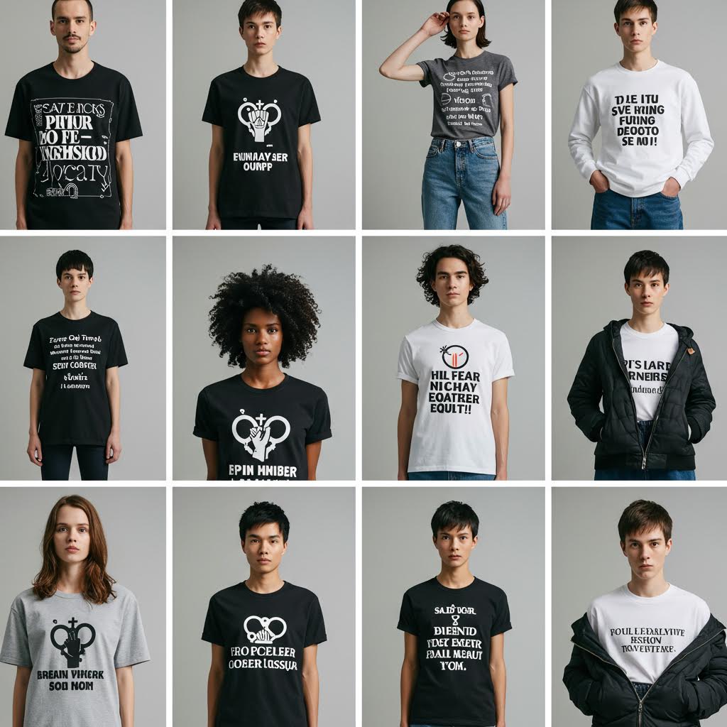 여러 모델이 다양한 문구가 적힌 티셔츠를 입고 지향하는 브랜드 메시지의 디지털 확산을 상징하는 장면