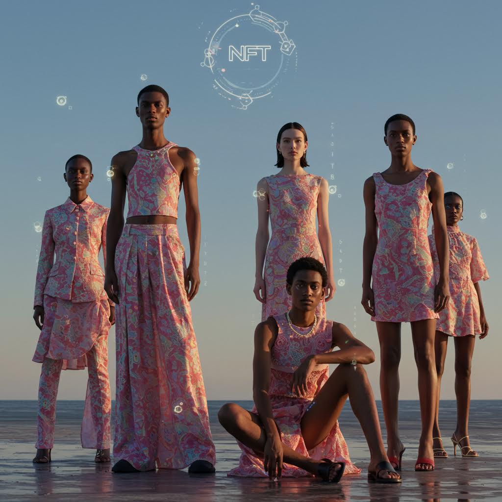 핑크톤 의상을 입은 모델 그룹이 NFT 아이콘과 함께 등장해 루믹스 관련 미래형 브랜드 전략을 형상화한 그림