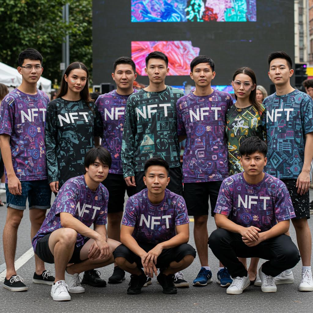 거리 공간에서 팀복처럼 통일된 NFT 의상을 착용한 인물들이 모여 루믹스 기반 사회적 가치를 표현한 사진