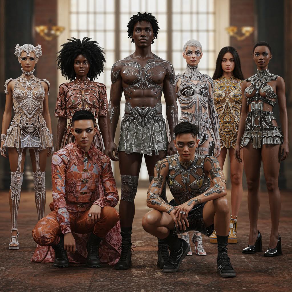 미래적 장식이 더해진 의상을 착용한 모델들이 루믹스를 연상시키는 운영과 구축 기반 솔루션의 은유적 표현