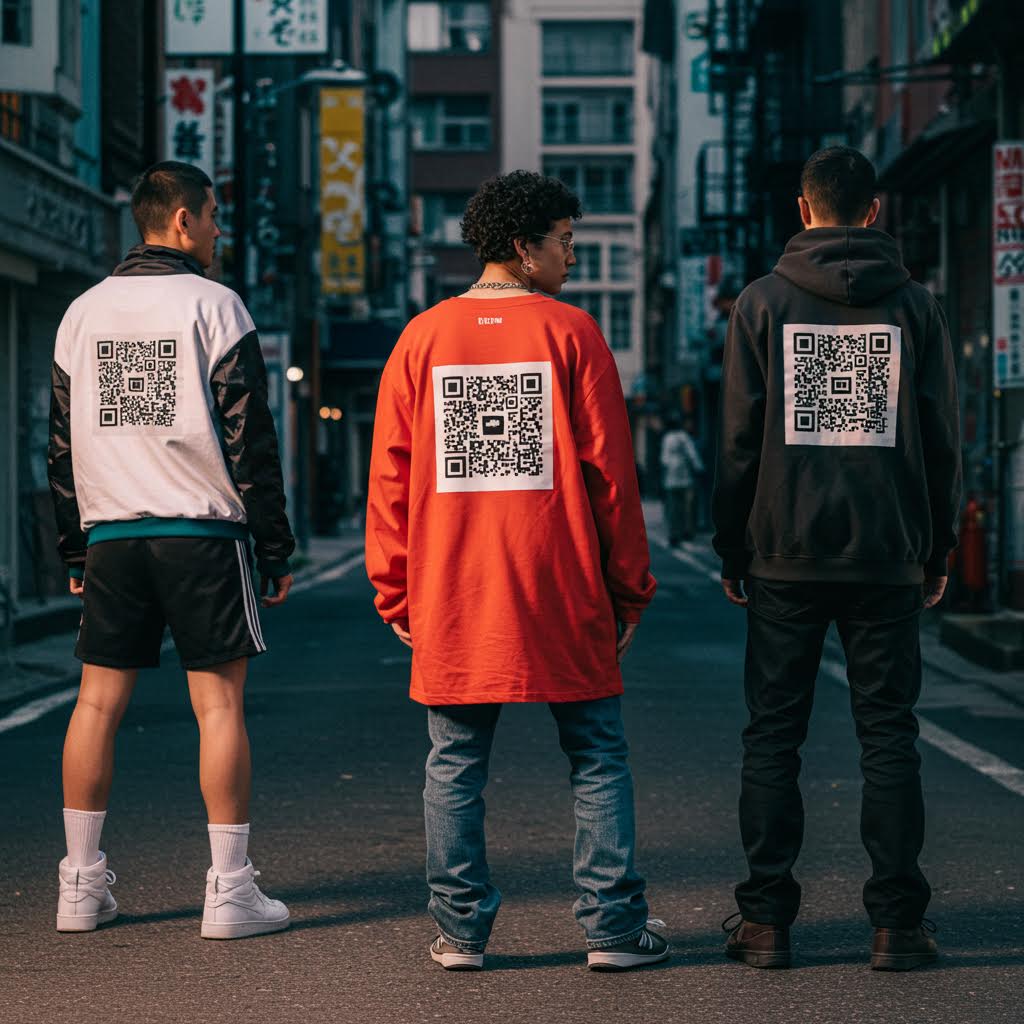 서로 다른 스타일의 옷을 입은 인물들이 같은 형태의 QR코드를 드러내며 루믹스 솔루션을 닮은 통합적 흐름