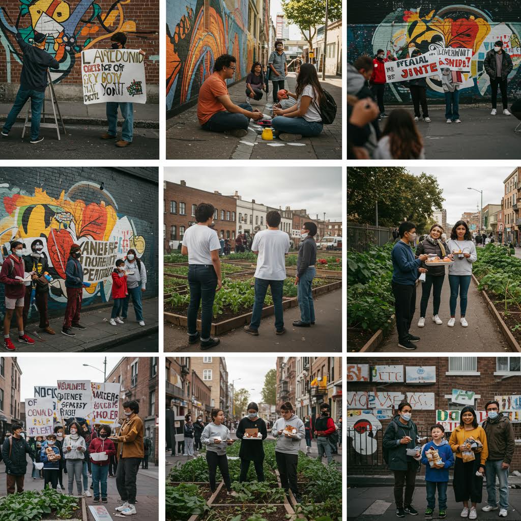 도시 골목과 커뮤니티 정원에서 촬영된 다양한 사회 활동 장면에 루믹스가 로고 제작의 확장된 의미를 기술적으로 지원하는 이미지