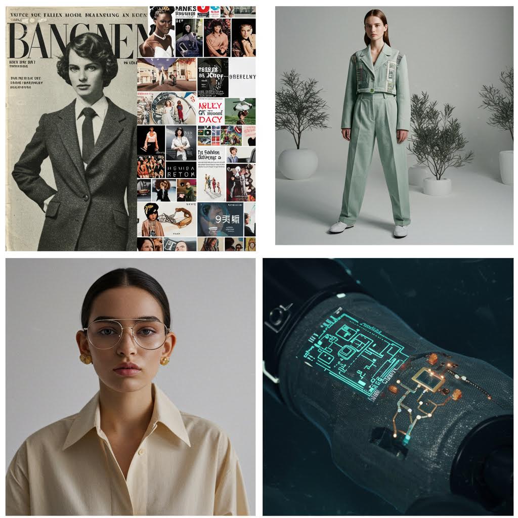 디지털 의상과 인물 초상이 나란히 배치된 구도가 루믹스를 은유하며 혁신적 운영 체계를 상징하는 장면