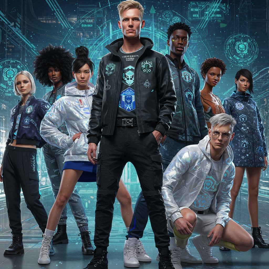 패션과 기술이 결합된 의상을 입은 사람들이 한 무대를 차지하며 루믹스 관련 평등과 다양성 가치를 강조한 장면