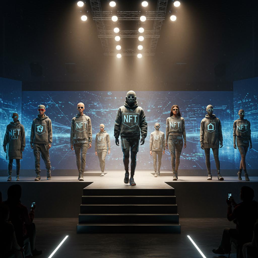 디지털 배경과 함께 행진하는 모델들이 블록체인 전환을 비유하며 루믹스의 솔루션 철학을 드러내는 모습