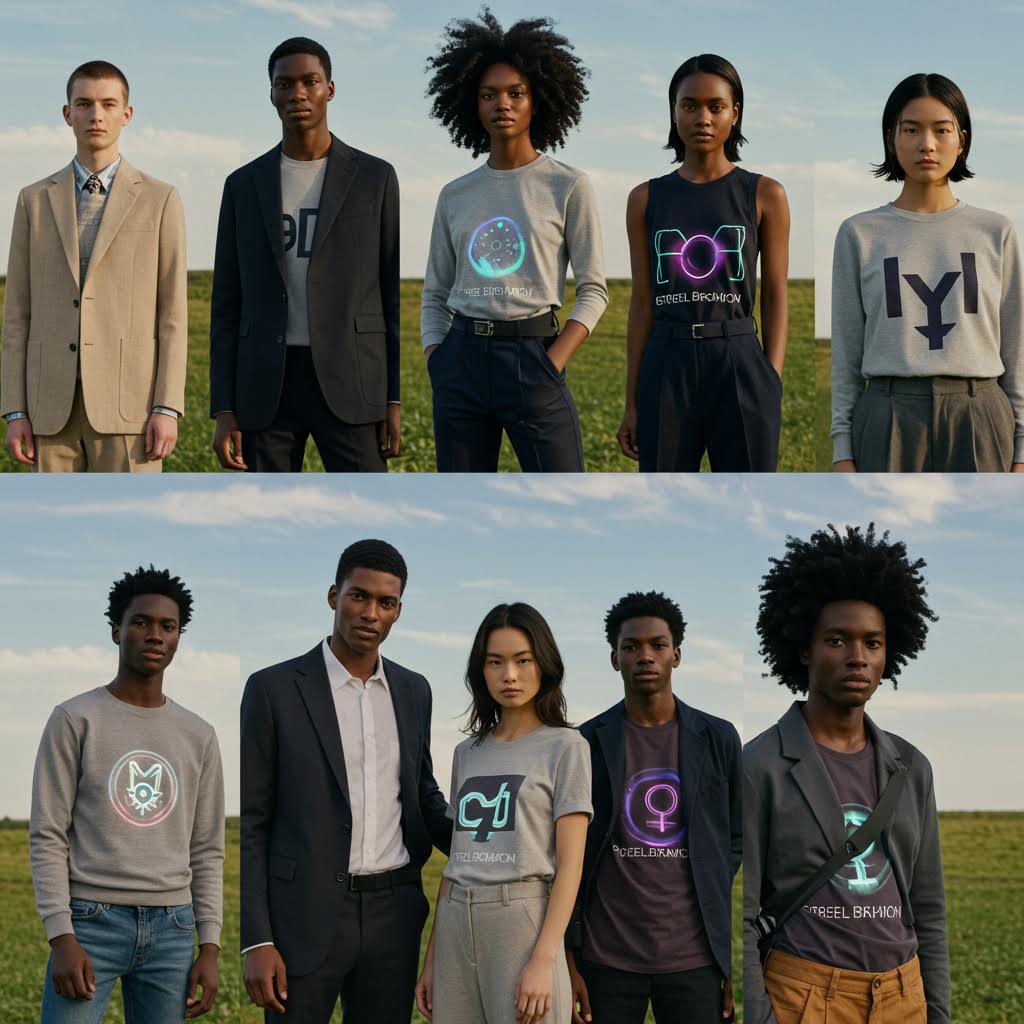미래적 로고가 새겨진 티셔츠와 재킷을 입은 모델들이 줄지어 서 있으며 루믹스가 블록체인 기반 패션과 새로운 수익 모델을 상징하는 장면
