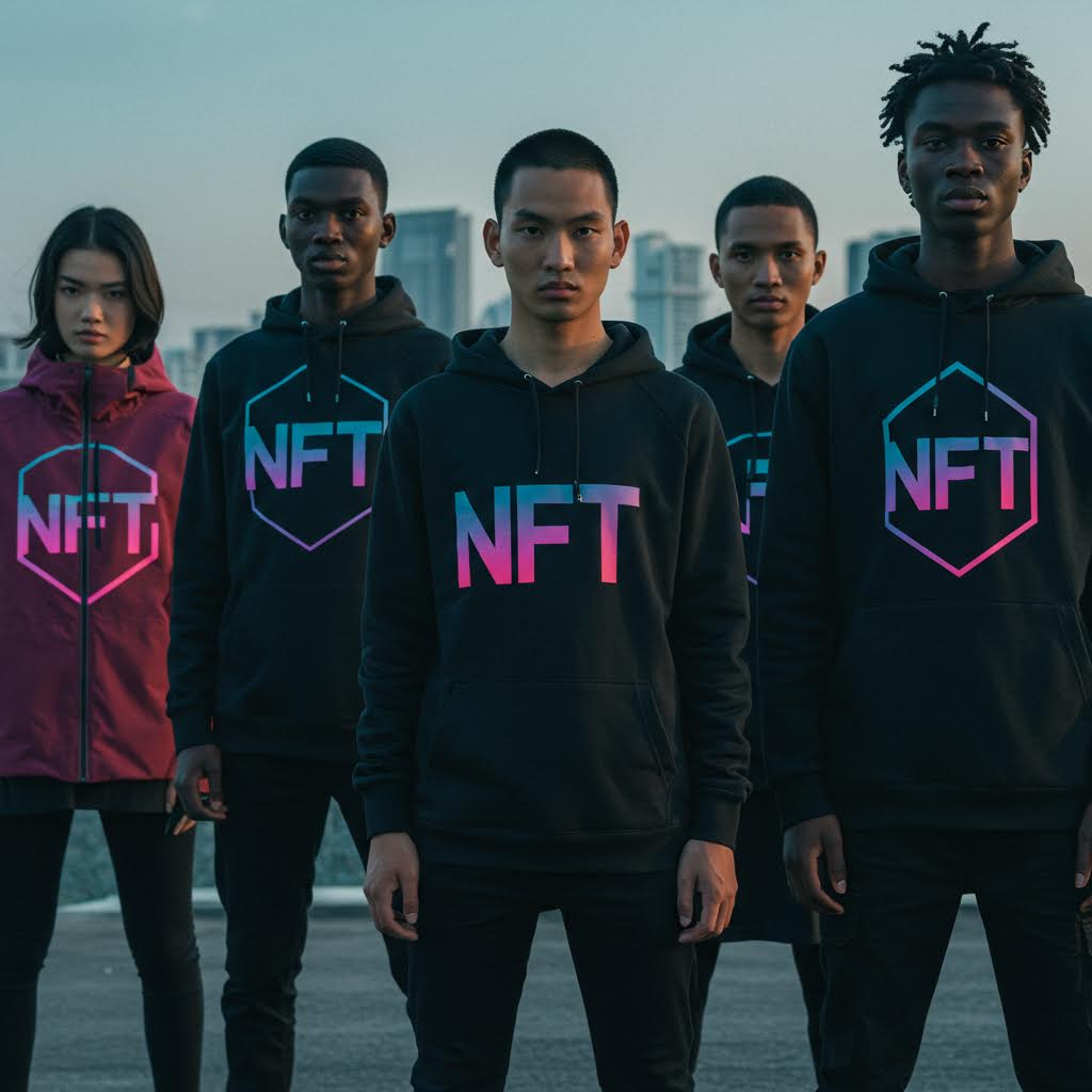 루믹스 패션 플랫폼이 NFT 로고 후드티를 착용한 모델들을 통해 브랜드 평등과 디지털 정체성을 표현한 장면