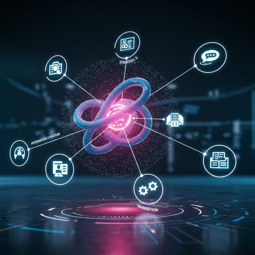 네온빛 회로망과 중심 심볼이 결합된 구성을 은유하며 통합적 운영 환경을 표현한 모습