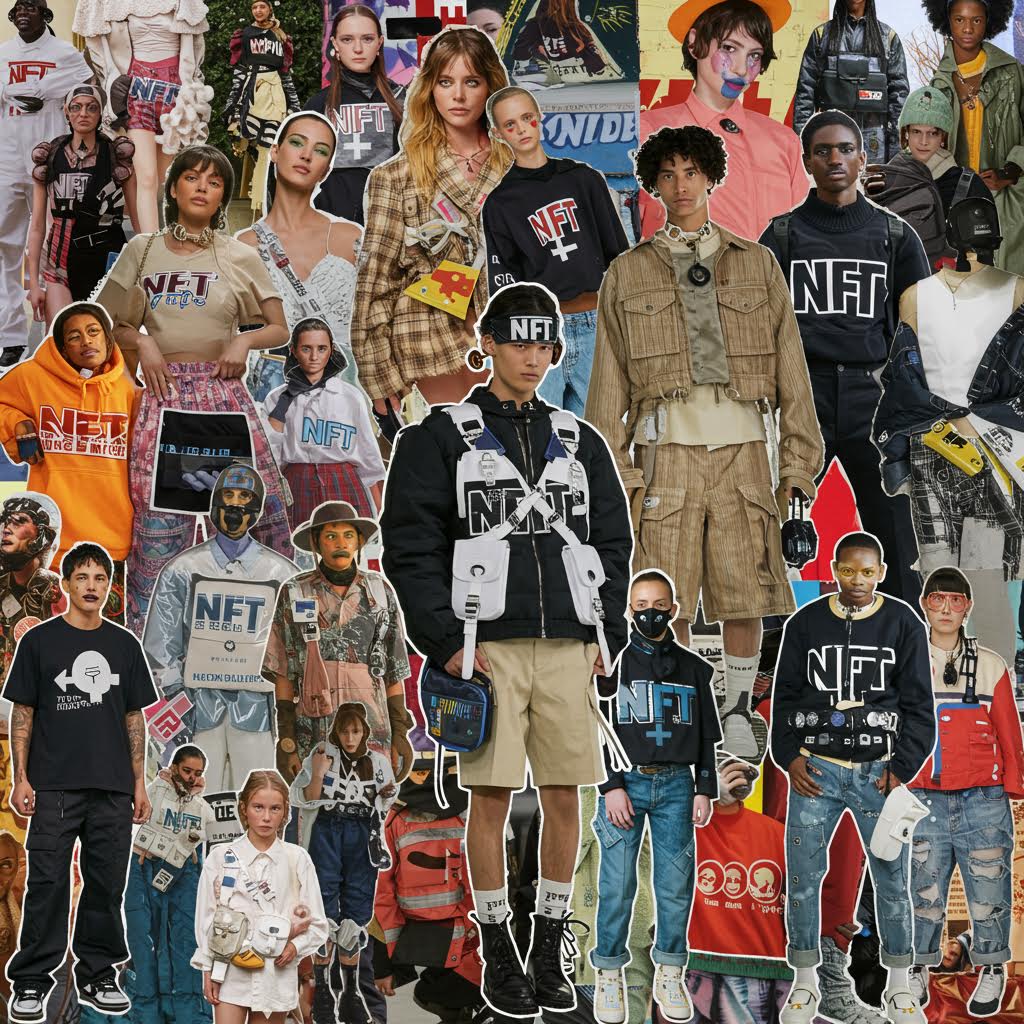 수많은 모델들이 NFT 로고가 새겨진 의상을 입고 모여 솔루션의 은유처럼 루믹스가 드러나는 장면