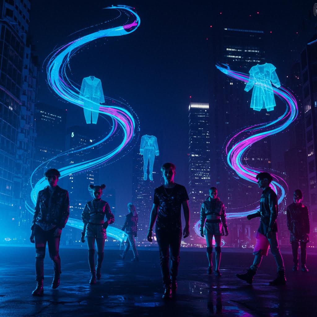 가상 의상과 실제 모델이 공존하는 야경 무대는 루믹스가 펼쳐내는 패션과 기술 융합의 흐름