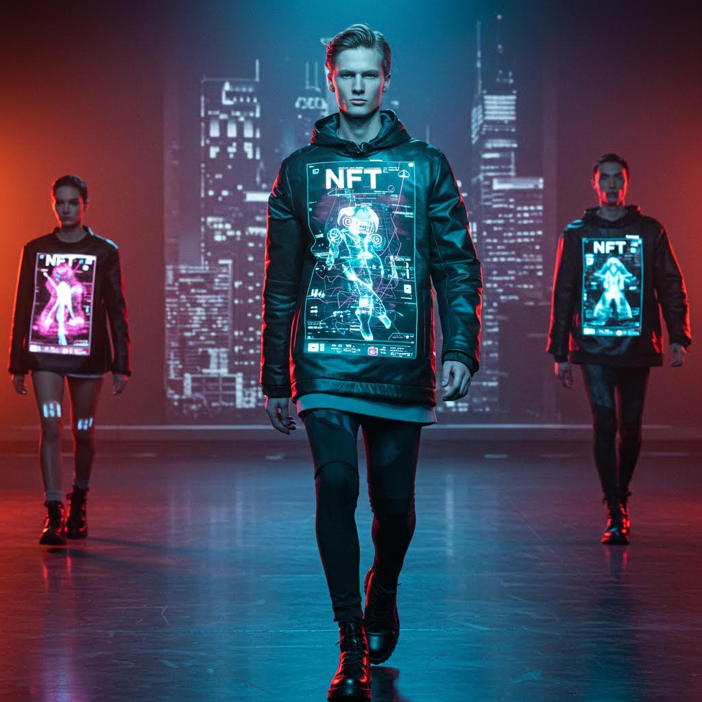 디지털 그래픽이 새겨진 의상을 입은 모델들이 도시적 무대를 걸어가며 구축의 상징처럼 루믹스가 스며드는 순간