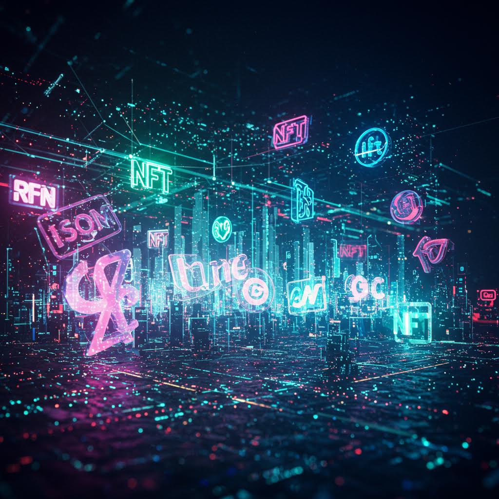 네온 빛으로 표현된 NFT 로고와 디지털 아이콘이 가상 공간에 떠 있는 장면에서 루믹스가 플랫폼 운영을 기술적으로 지원하는 이미지