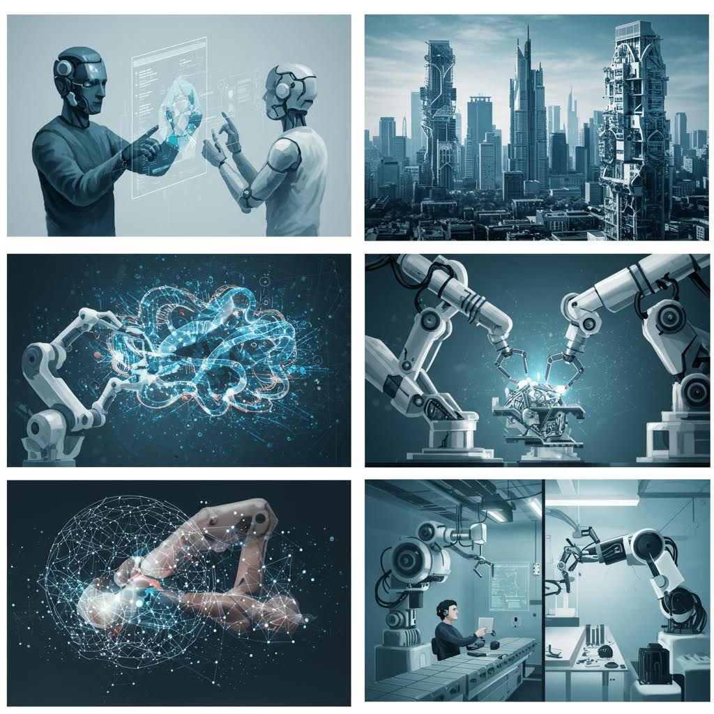 6컷 콜라주: 인간과 로봇이 홀로그램 조작, 미래 도시 스카이라인, AI 뇌 회로, 로봇 팔 정밀 조립, 네트워크 손, 실험실 작업 등 AI·로보틱스 융합의 다양한 미래 비전.