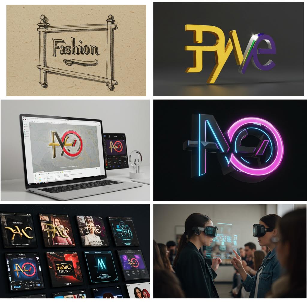패션 로고 디자인과 메타버스 인터페이스를 결합한 디지털 브랜딩 장면으로, 루믹스의 창의적 비주얼 솔루션을 보여준다.