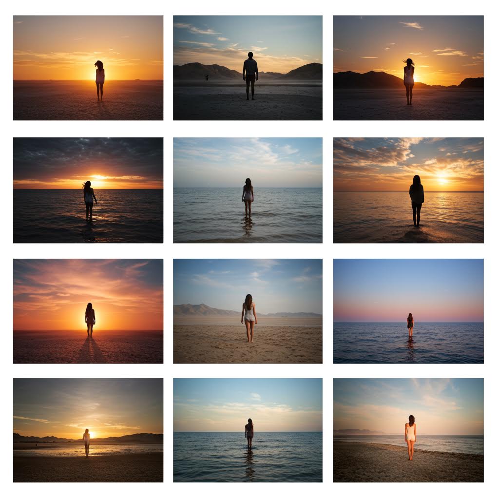 일몰 바다를 배경으로 서 있는 사람의 다양한 실루엣을 담은 사진 모음. 루믹스의 감성 비주얼 연출이 돋보이는 장면이다.