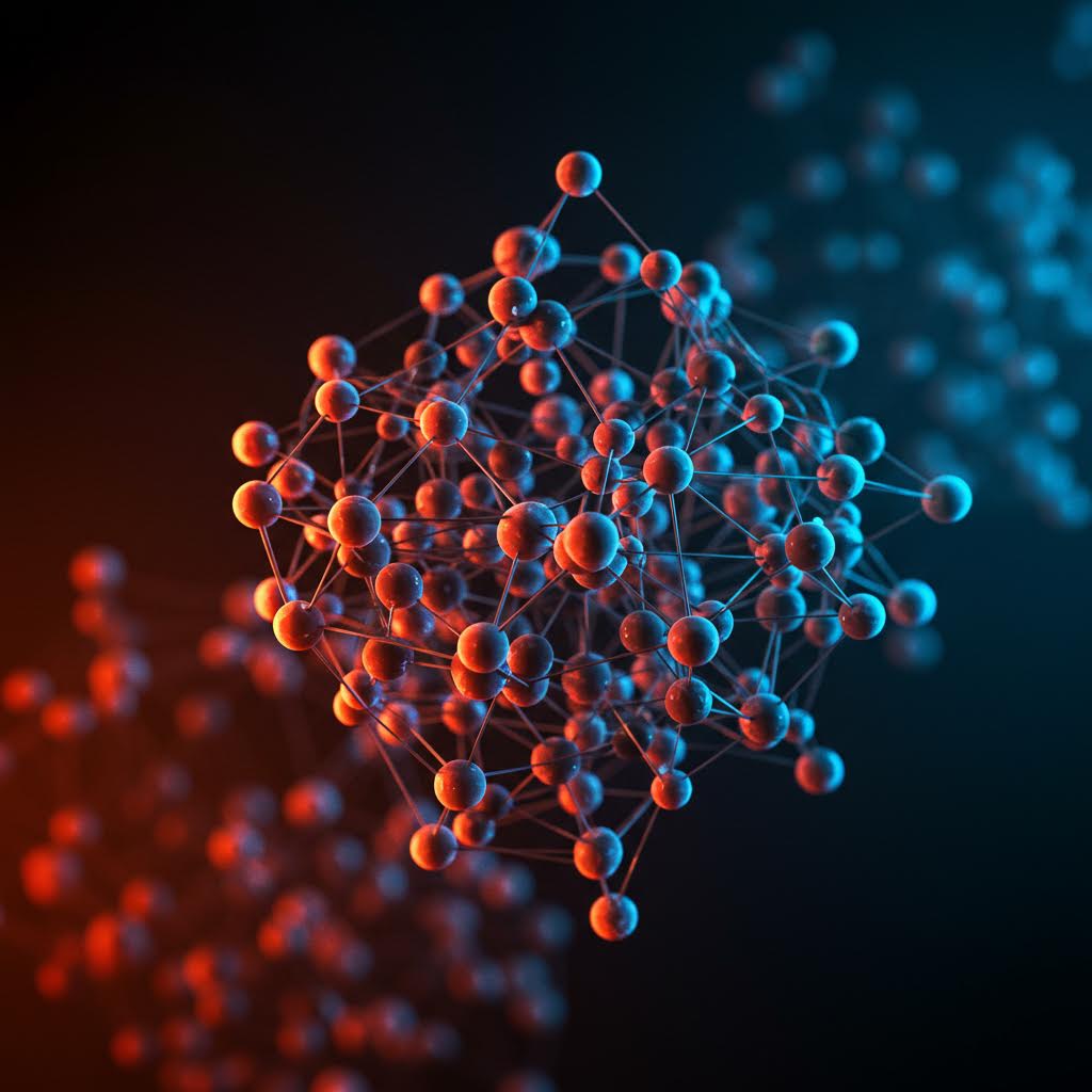 붉은색과 청색 구체들이 얇은 선으로 연결된 3D 네트워크 구조. 배경에 흐릿한 분자 클러스터가 떠 있으며, 나노테크놀로지와 데이터 연결의 추상적 표현.