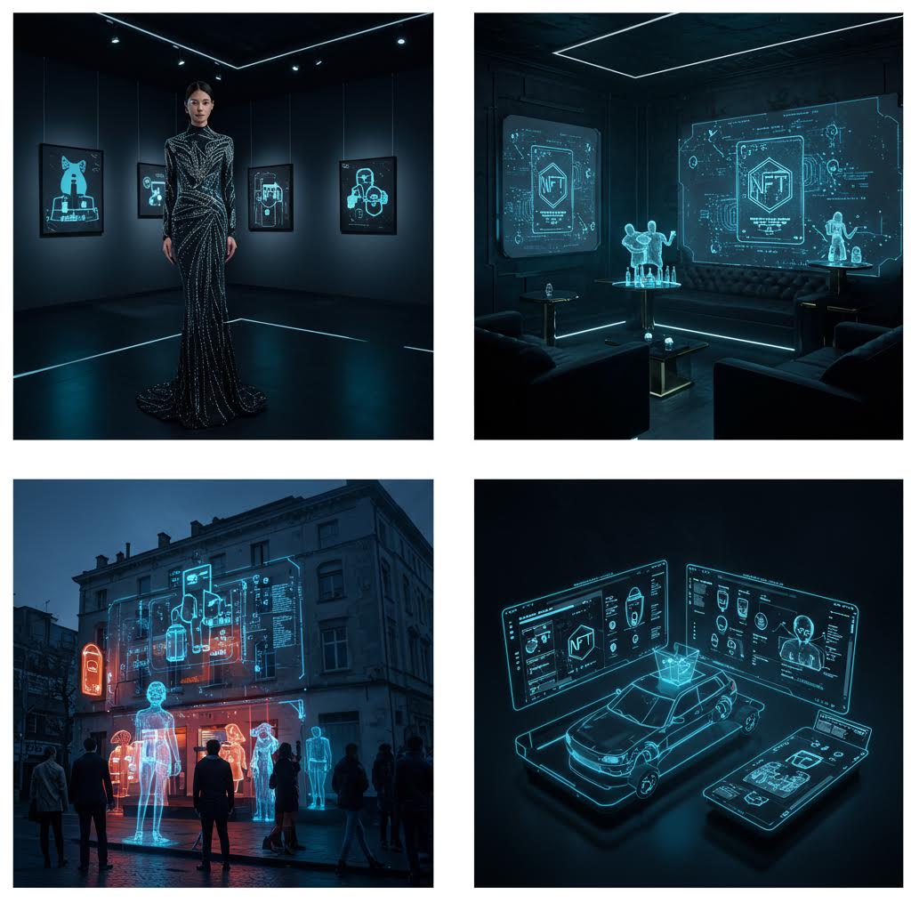 디지털 전시관과 홀로그램 그래픽으로 구성된 NFT 아트 공간의 모습. 루믹스의 기술이 구현한 가상 예술과 데이터 인터랙션의 융합을 보여준다.