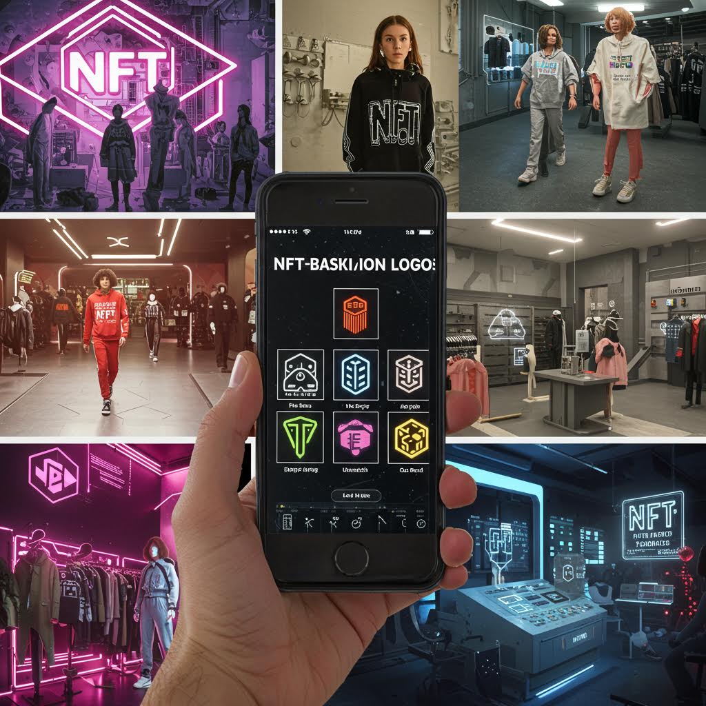 NFT 패션 매장에서 디지털 의류와 가상 아이템을 스마트폰으로 관리하는 장면. 루믹스솔루션의 디지털 패션 플랫폼 기술을 상징적으로 보여준다.