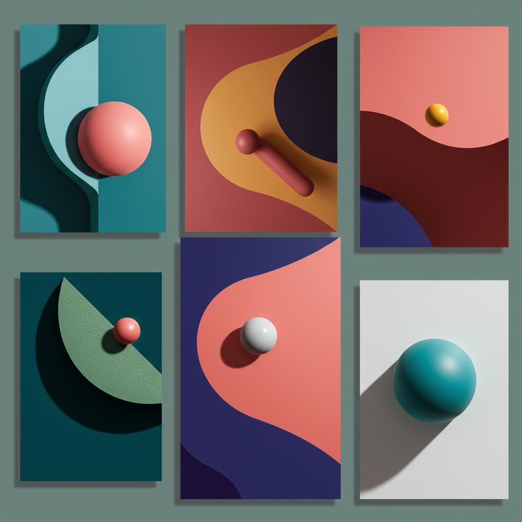 6개의 미니멀 추상 아트: 색색의 구와 막대가 부드러운 곡선 배경 위에 배치된 기하학적 구성. 색상 대비와 공간감이 돋보이는 현대 디자인 연구.