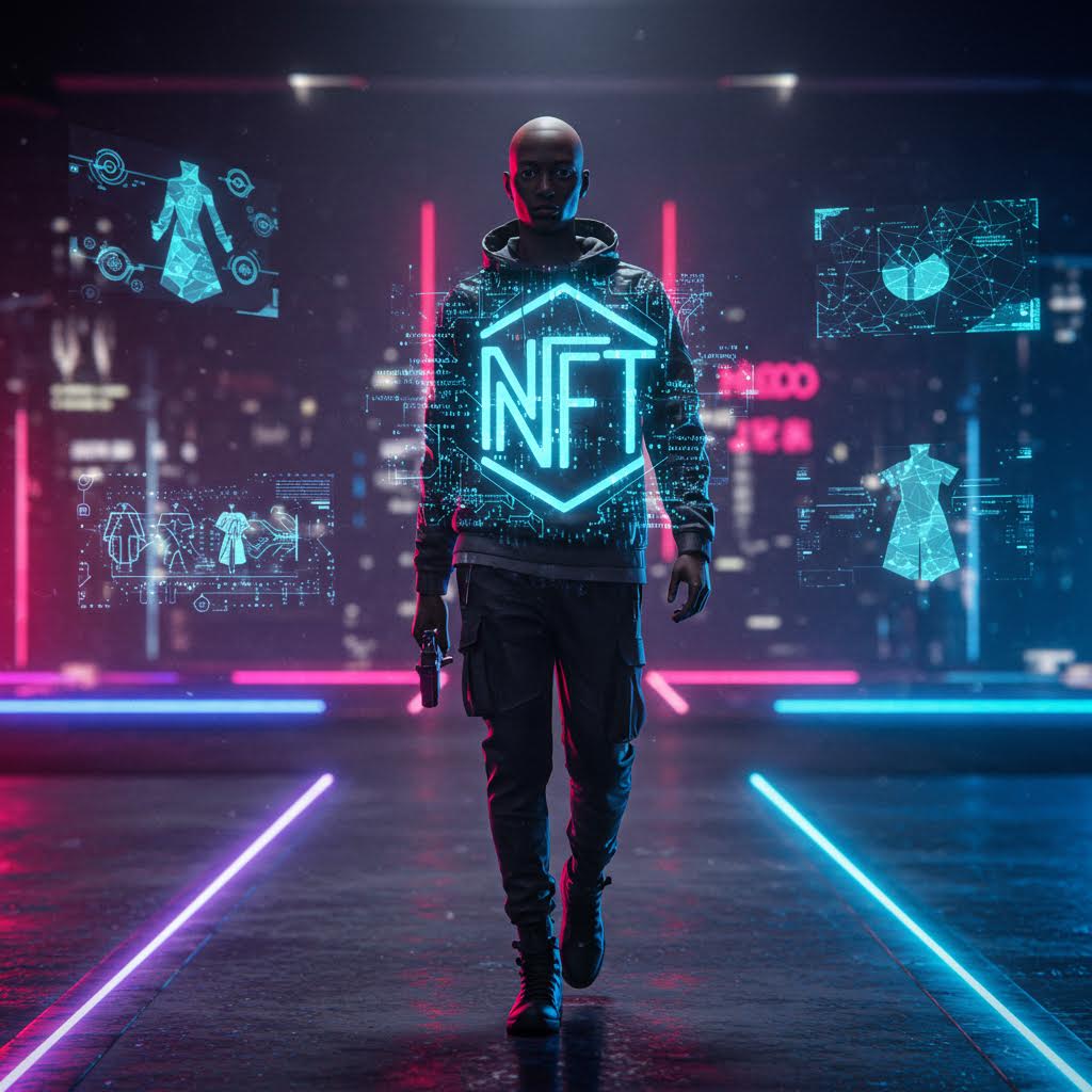 네온빛 통로를 걸어오는 인물의 실루엣 속에서 루믹스의 솔루션이 NFT 패션의 미래를 조명하는 순간