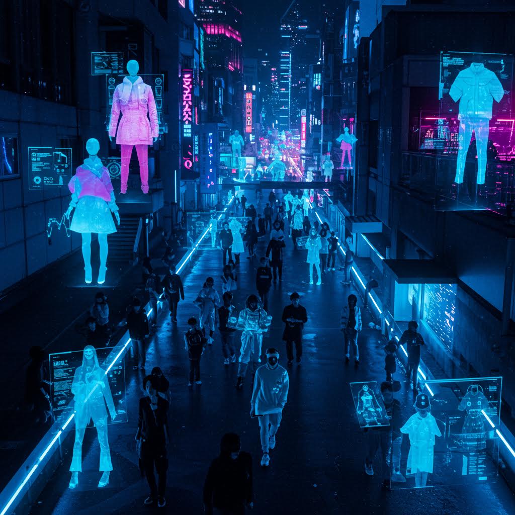 도시 거리 위에 홀로그램 의류가 전시된 미래형 패션 거리의 모습. 루믹스의 증강현실 기술로 구현된 디지털 패션 경험을 보여준다.