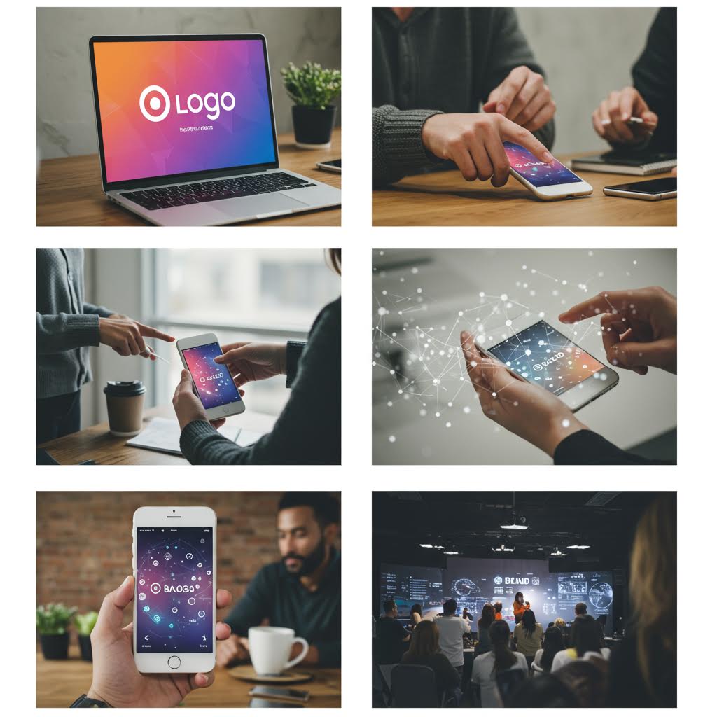 노트북과 스마트폰 화면에 떠오른 로고를 중심으로 사람들이 아이디어를 나누는 브랜드 협업의 순간