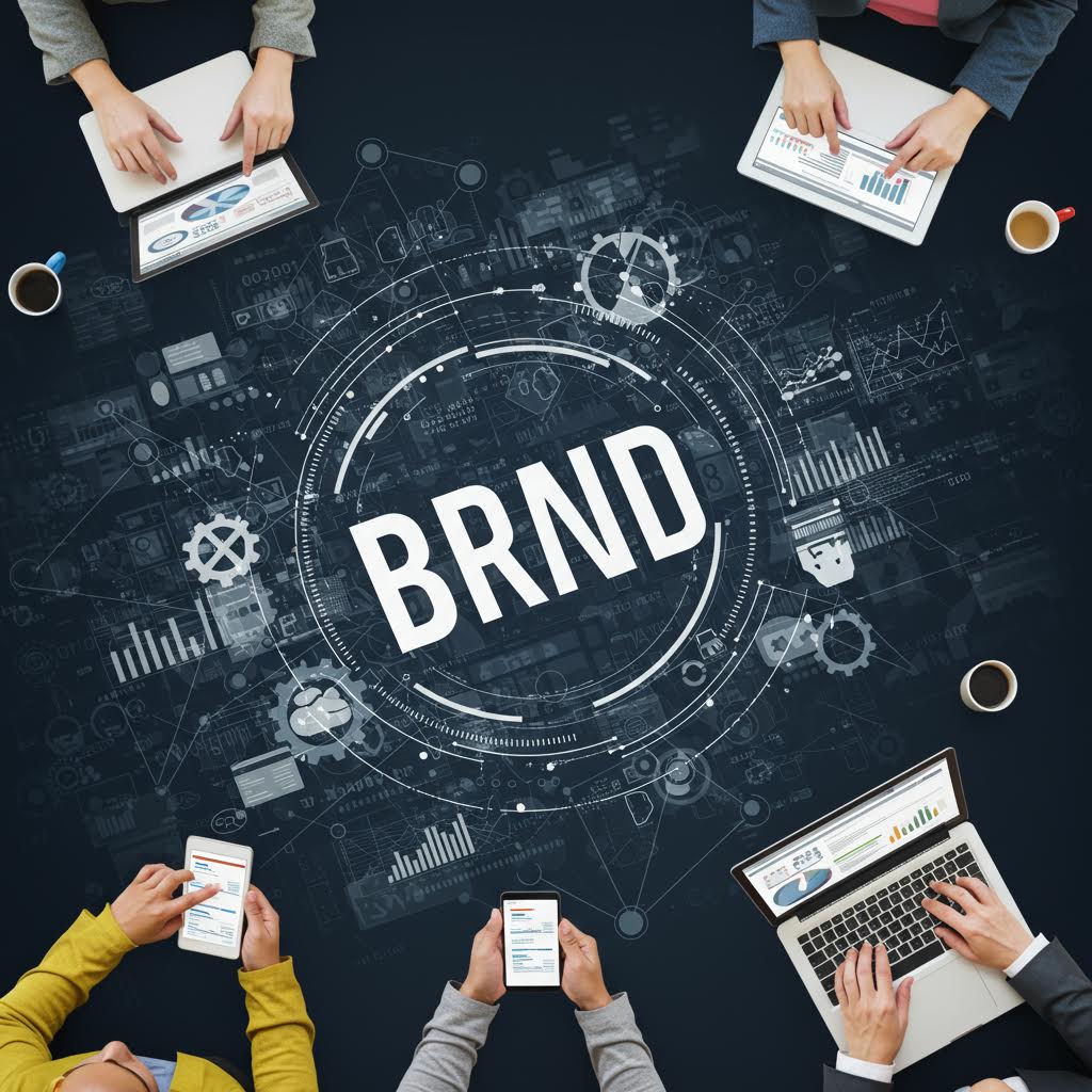회의 테이블 위로 노트북·스마트폰·태블릿을 든 다섯 명의 손이 보이며, 중앙에 'BRND' 로고와 기어·그래프·데이터 아이콘들이 홀로그램처럼 펼쳐진 브랜드 전략 분석 장면.