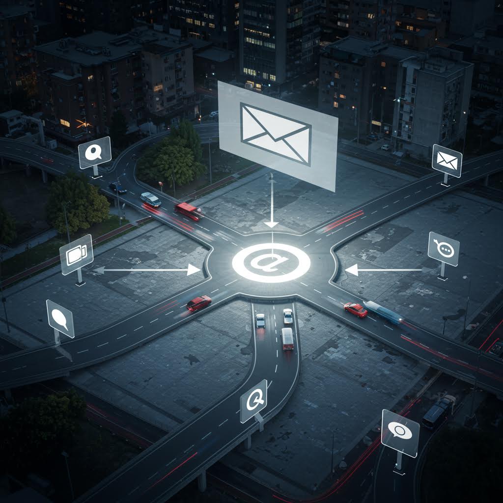 도시 한복판의 교차로 위로 이메일 아이콘이 떠오르며 정보의 흐름이 빛으로 연결되는 네트워크의 풍경