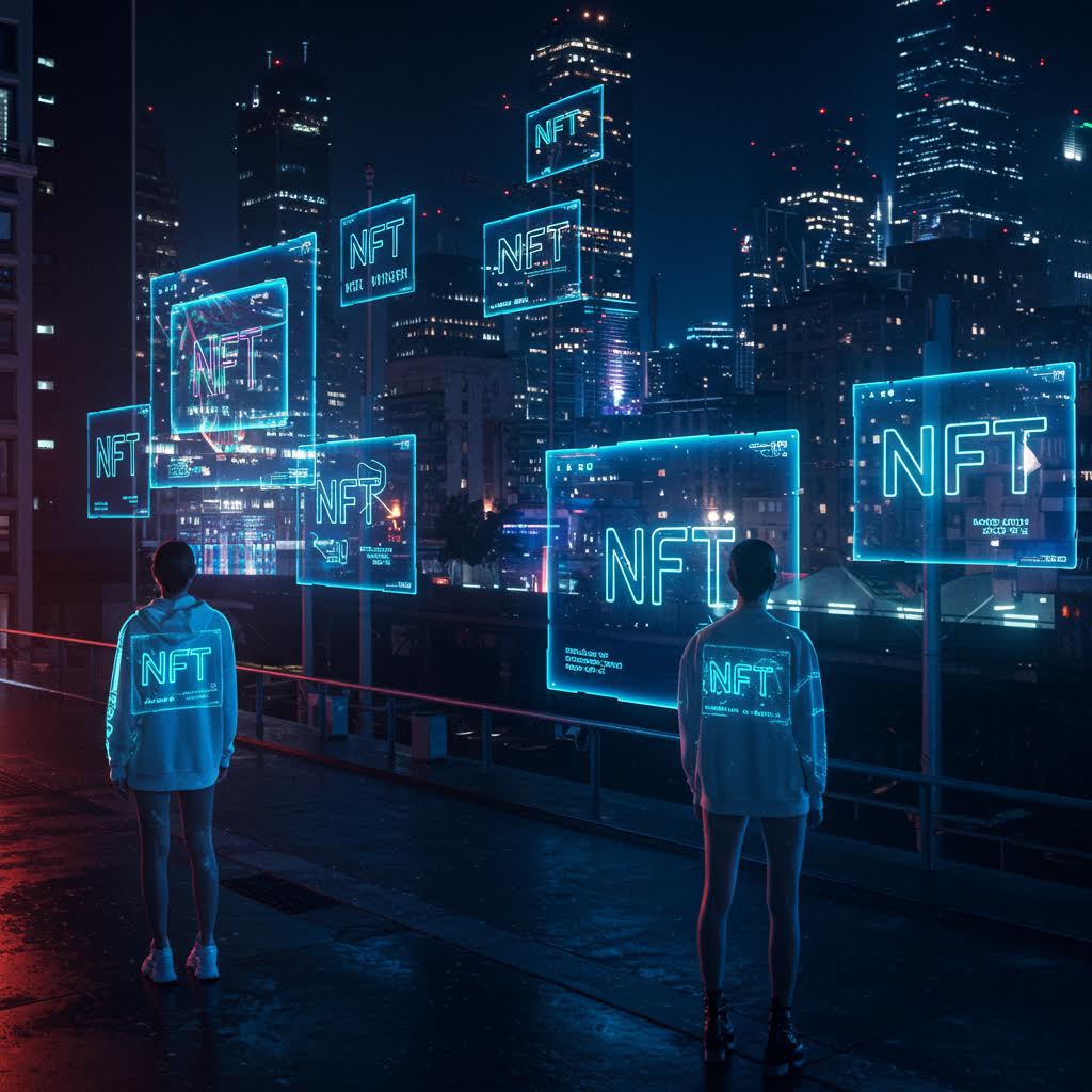 야경 속 도시 건물 위로 NFT 홀로그램이 떠오르고 사람들이 이를 바라보는 장면으로, 루믹스의 블록체인 기반 디지털 자산 관리와 NFT 정산 기술을 상징적으로 표현한 이미지.