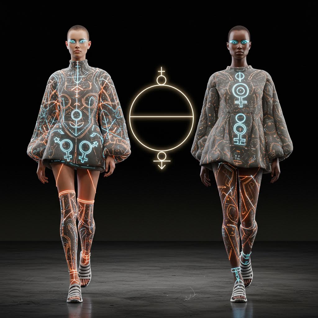 미래적 문양이 빛나는 패션과 중앙의 원형 상징이 겹쳐진 화면은 루믹스 운영 원리의 상징성을 드러내는 흐름