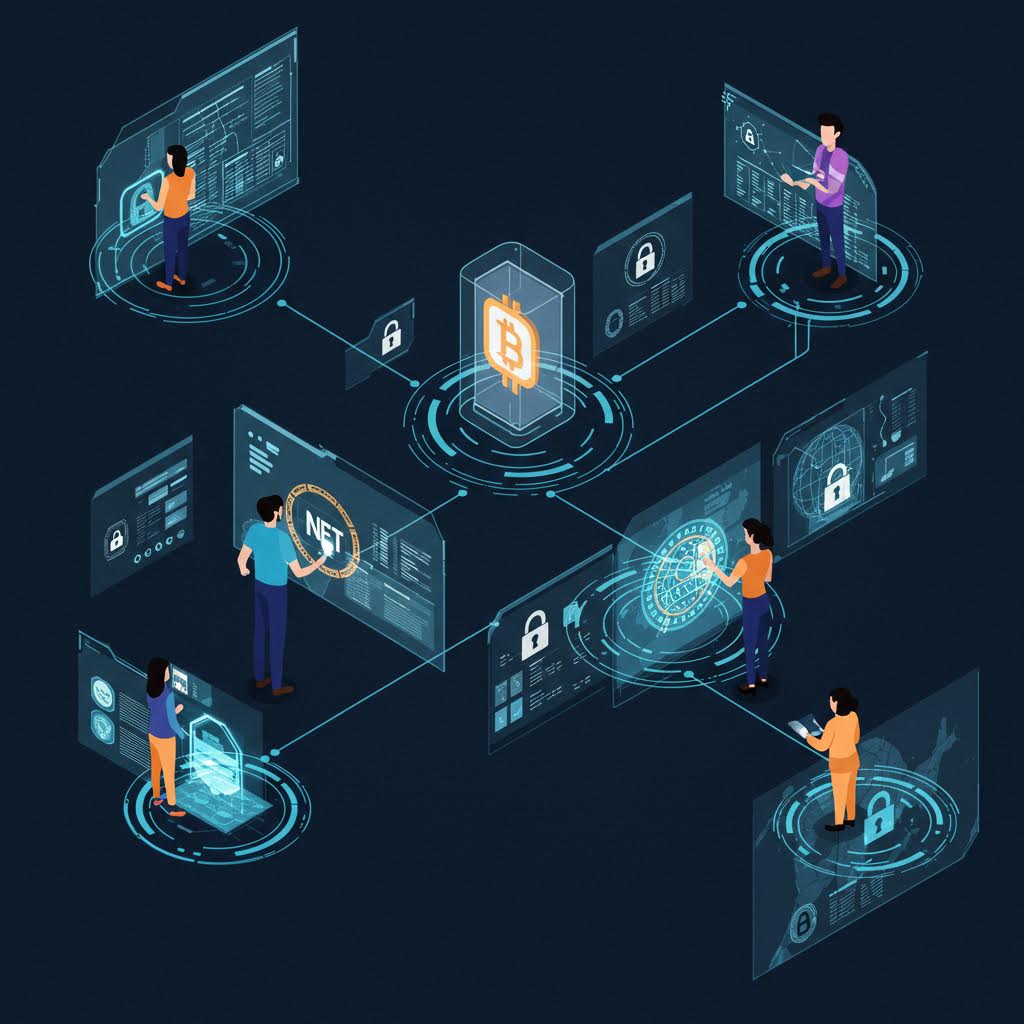 암호화된 패널과 코인이 이어진 구조 속 인물들의 활동은 루믹스 구축 원리의 안정적 흐름을 연상시키는 장면