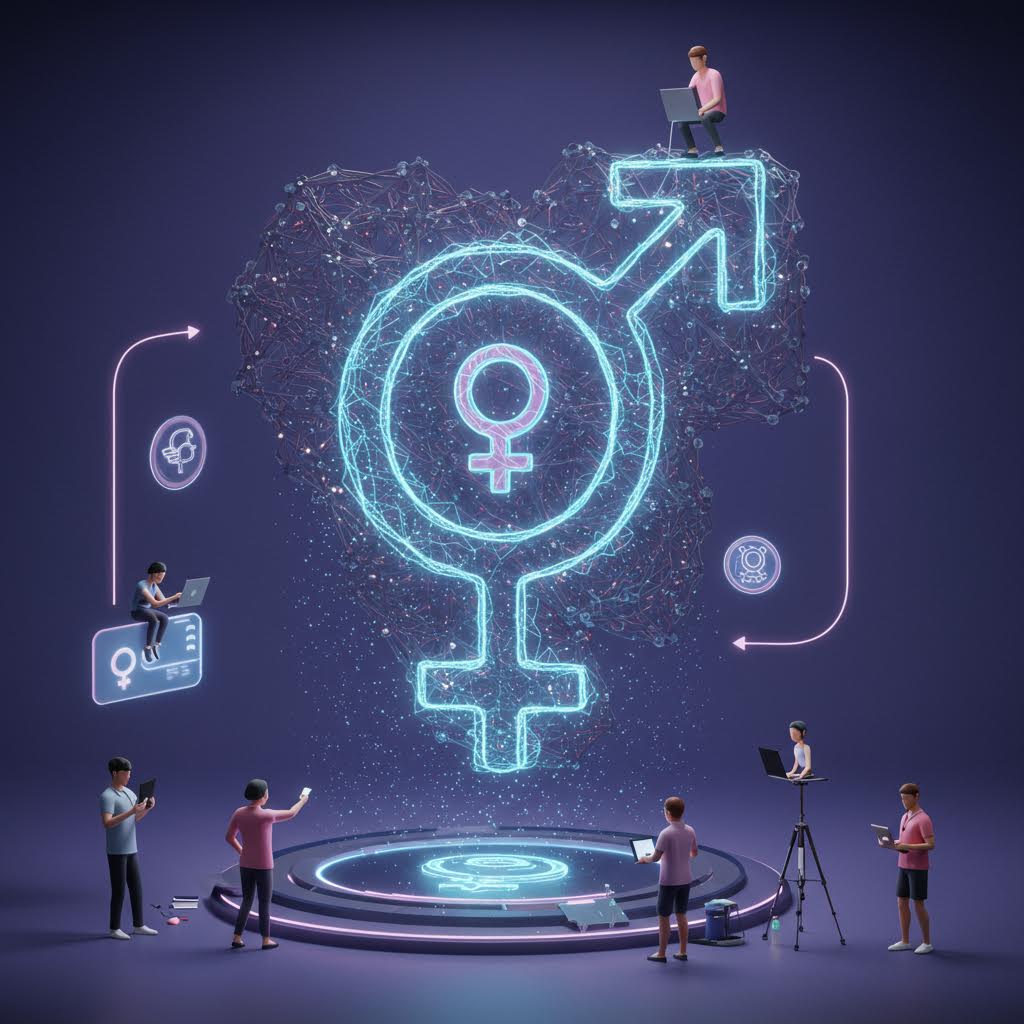 남녀 상징이 합쳐진 빛의 아이콘을 중심으로 사람들이 기술 장비와 함께 협업하는 모습은 루믹스가 설계한 체계적 운영을 드러내는 인상