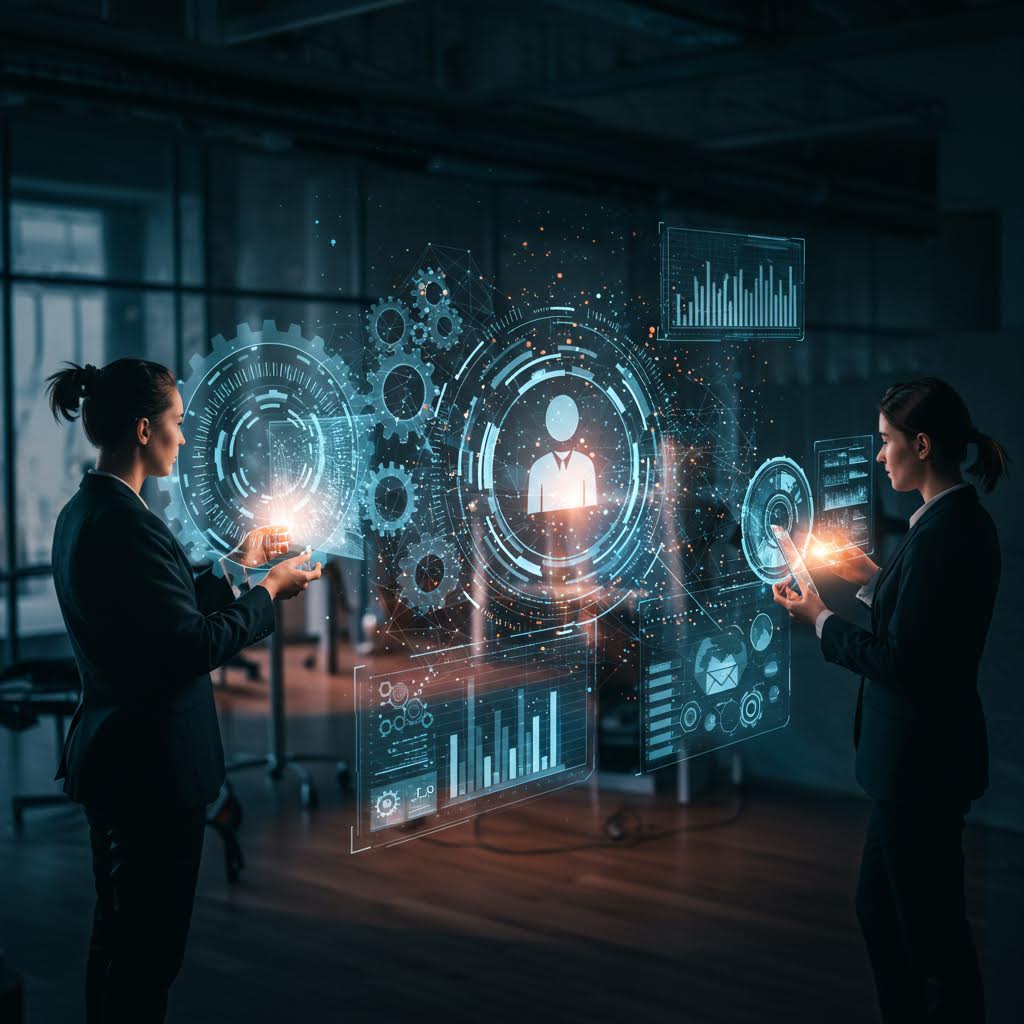 사무실 속 두 인물이 홀로그램 인터페이스를 다루며 협업하는 장면은 루믹스 솔루션이 운영하는 체계적 구축을 은유하는 모습