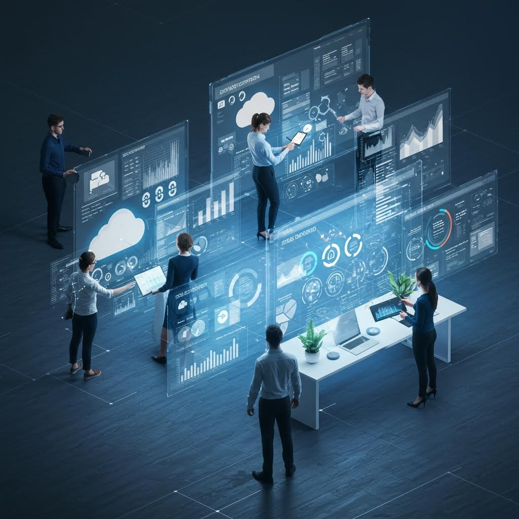 데이터 패널이 겹쳐 보이는 협업 공간 속에서 루믹스를 연상시키는 흐름 중심의 분석을 펼치는 모습