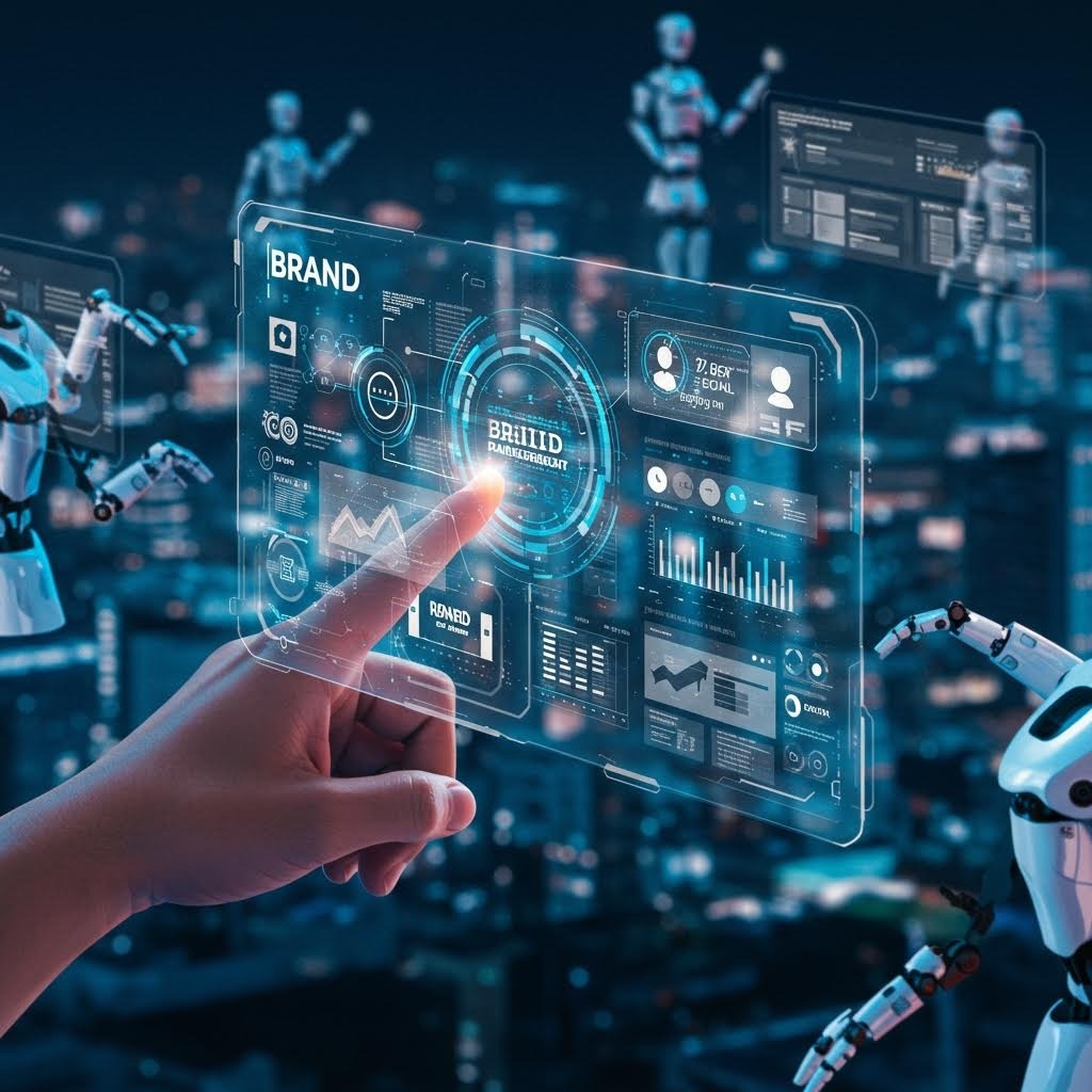 로봇이 백그라운드에 있는 미래형 제조 환경에서 브랜드 관리 및 분석 데이터가 표시된 투명한 디지털 인터페이스를 터치하는 사람의 손