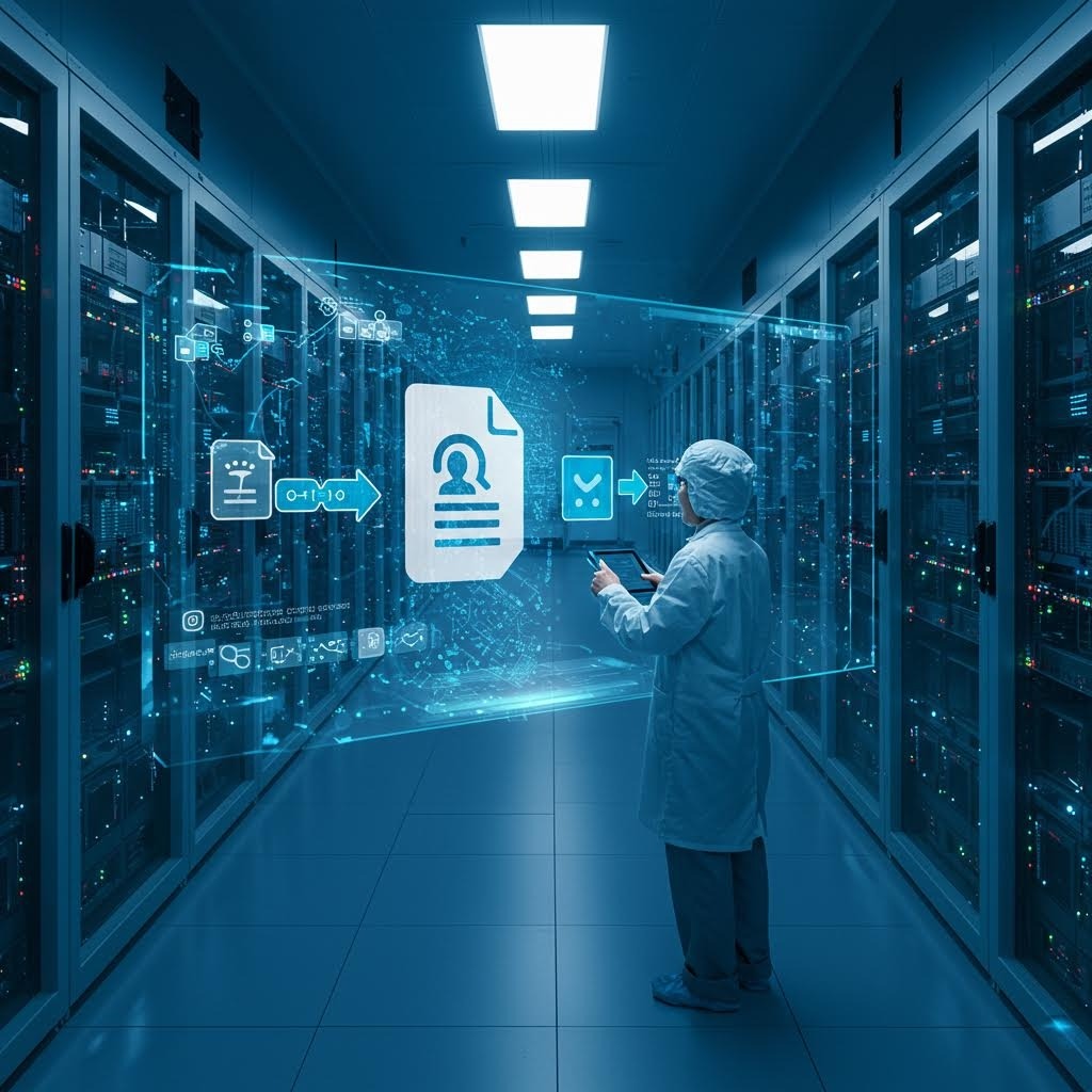 서버 랙 사이의 데이터 센터 복도에서 문서 변환 및 검증 프로세스를 보여주는 홀로그래픽 인터페이스와 상호 작용하는 기술자