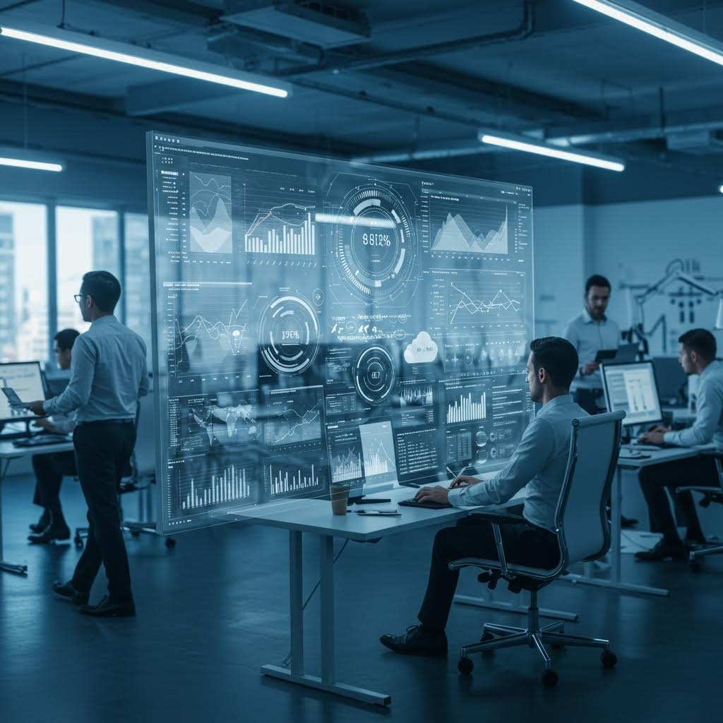 투명한 분석 패널이 겹쳐진 사무공간에서 루믹스를 떠올리게 하는 구축 감각이 흘러드는 모습