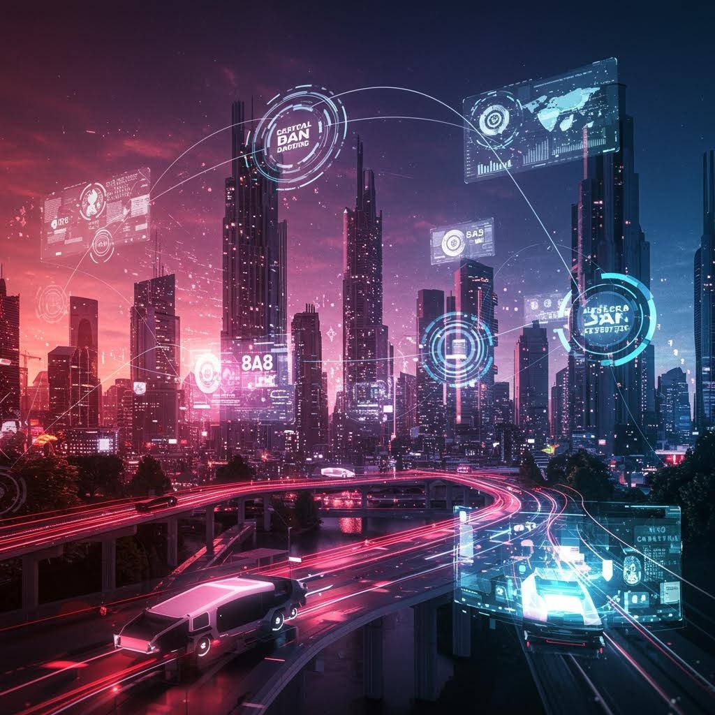 Ảnh:
분홍색과 파란색 톤의 미래형 스마트 시티 스카이라인으로, 고속도로 위를 이동하는 차량과 건물 사이에 연결된 홀로그래픽 데이터 인터페이스 및 분석 패널이 표시됨