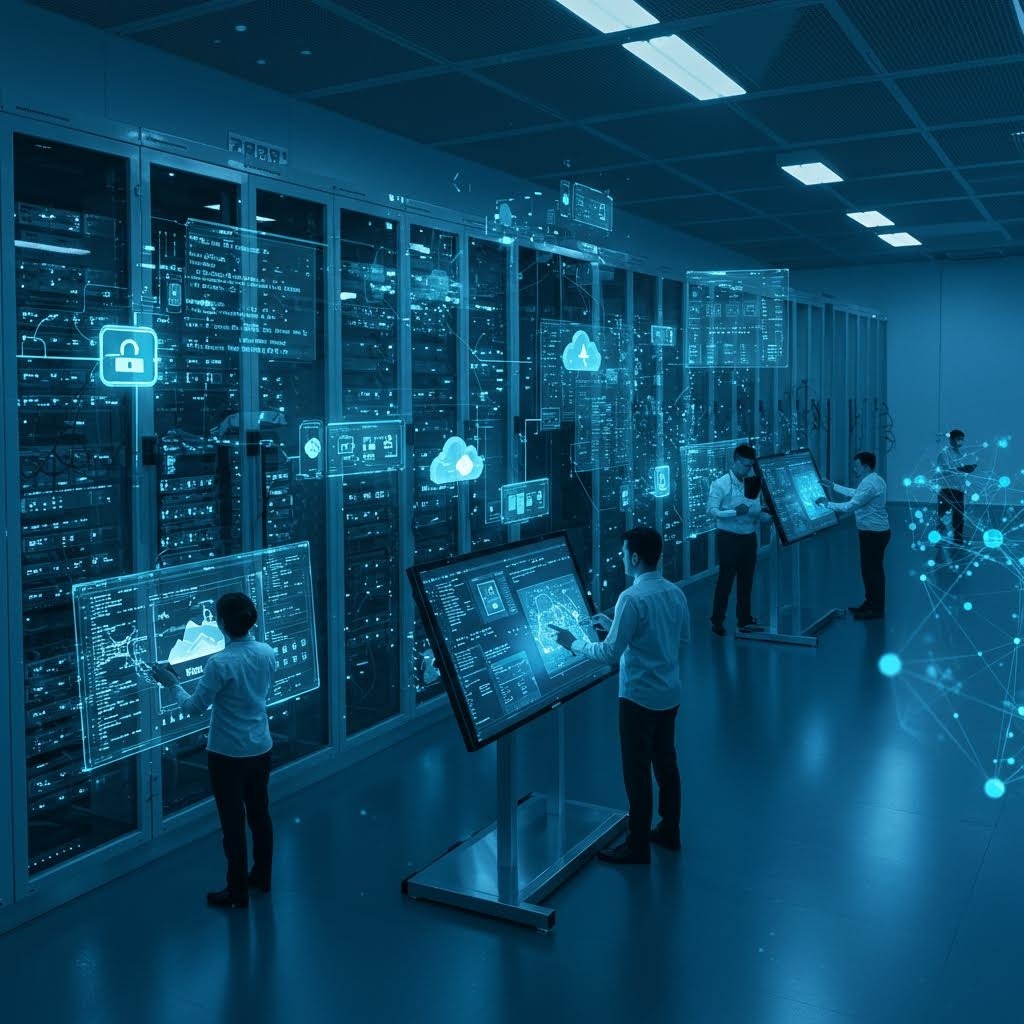 클라우드 컴퓨팅 및 비즈니스 인텔리전스 데이터를 표시하는 투명한 디지털 화면과 상호 작용하는 전문가 팀의 아이소메트릭 뷰