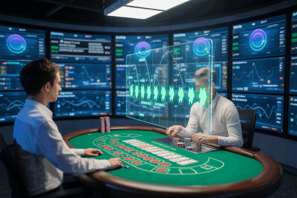카지노 테이블에서 두 명의 플레이어가 실시간 그래프와 패턴 분석 패널을 확인하는 하이테크 게임 환경.