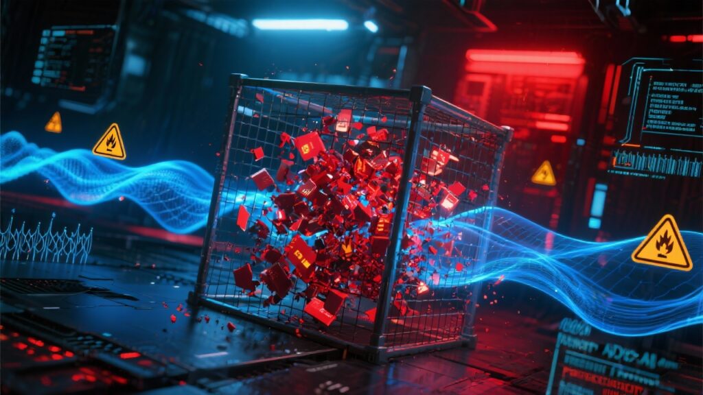 보안 케이지 내부에서 붉은 데이터 블록이 충돌하며 분산되는 순간을 포착한 사이버 보안 시각화 이미지.