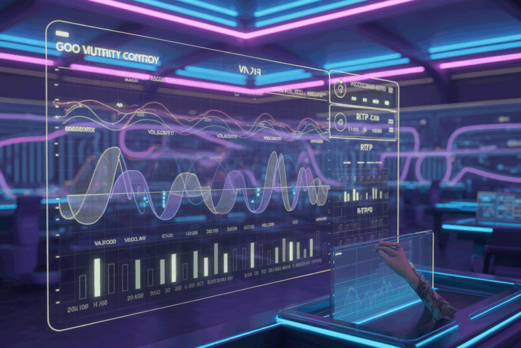 홀로그램 분석 패널에 파형 그래프와 막대 차트가 실시간으로 표시되고 사용자가 조작 중인 미래형 데이터 센터 장면.